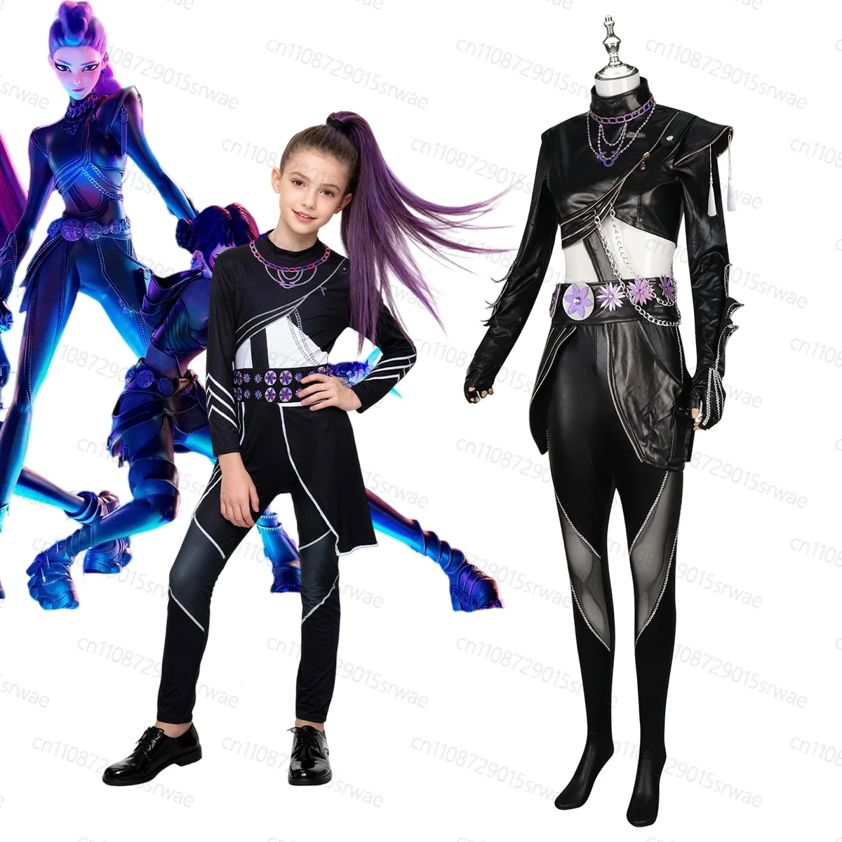 

Kpop Demons Hunters Rumi Cosplay Costume Children Adults Pants Belt Gloves Black Leather Bodysuit Group Idol Roleplay Suit