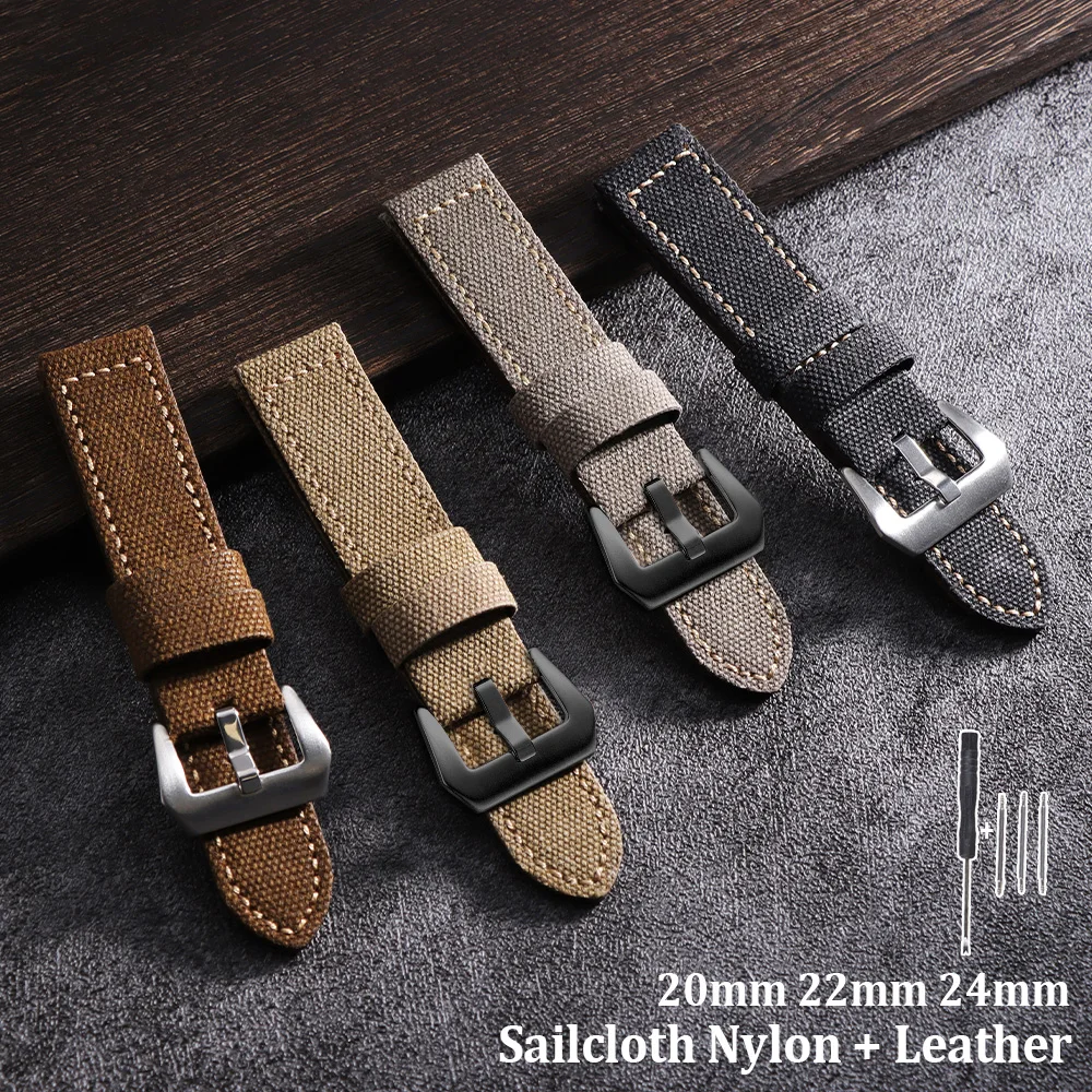 

Canvas Leather Watch Band 20mm 22mm 24mm Black Khaki Brown Stitching Denim Thick Bracelet Nylon Sailcloth Watch Strap Men Belt