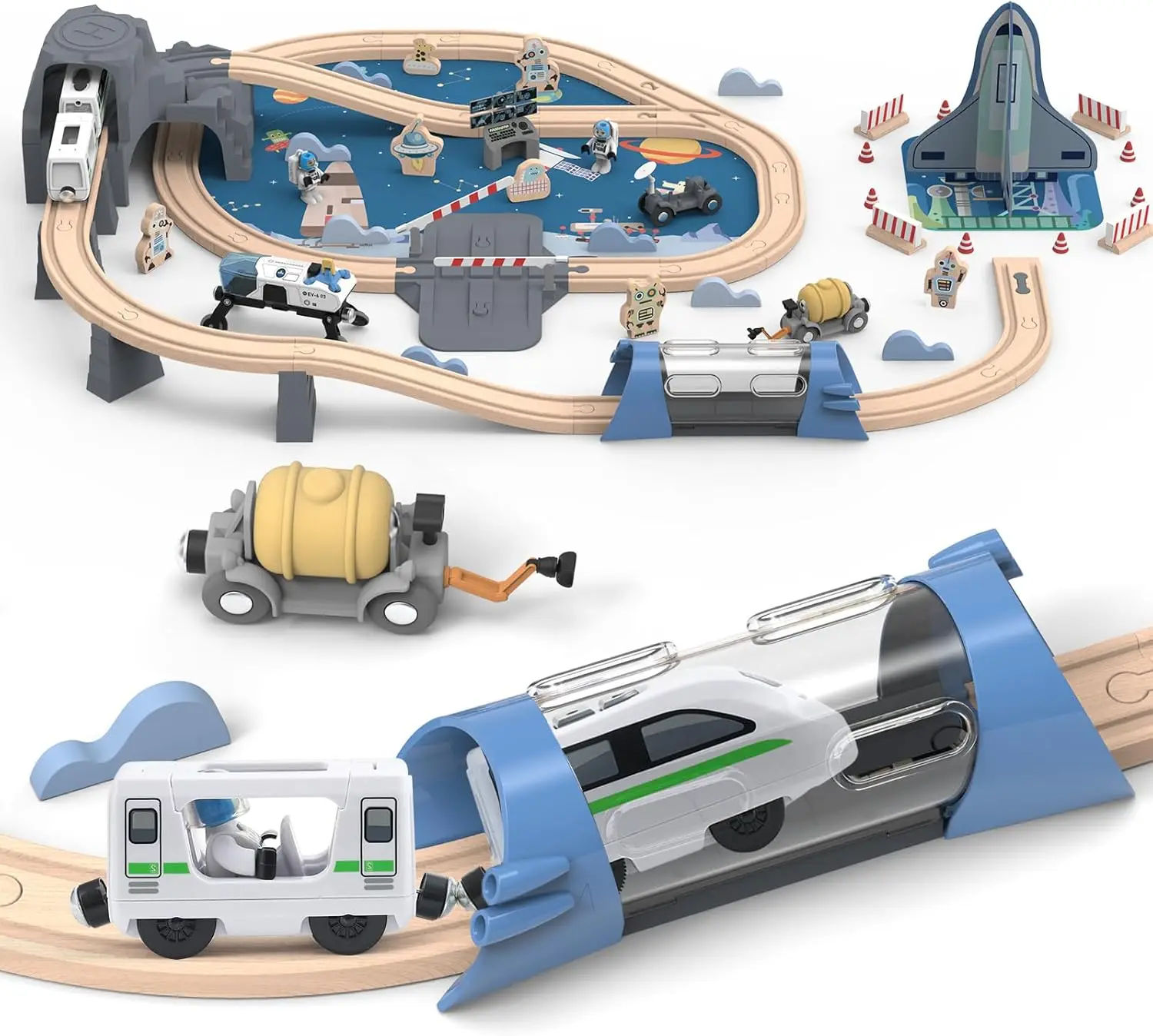 Ensemble de train en bois pour tout-petits, train magnétique avec rail pour enfants de 3 à 6 ans, compatible avec les grandes marques, chemin de fer spatial, 82 pièces