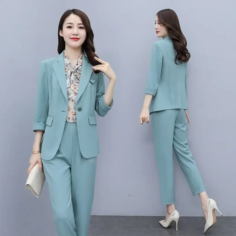 Suit Set Women\'s Spring and Autumn 2023 New Korean Fashion Green Three Piece Set Fall Two Piece Outfits for Women Pant Sets