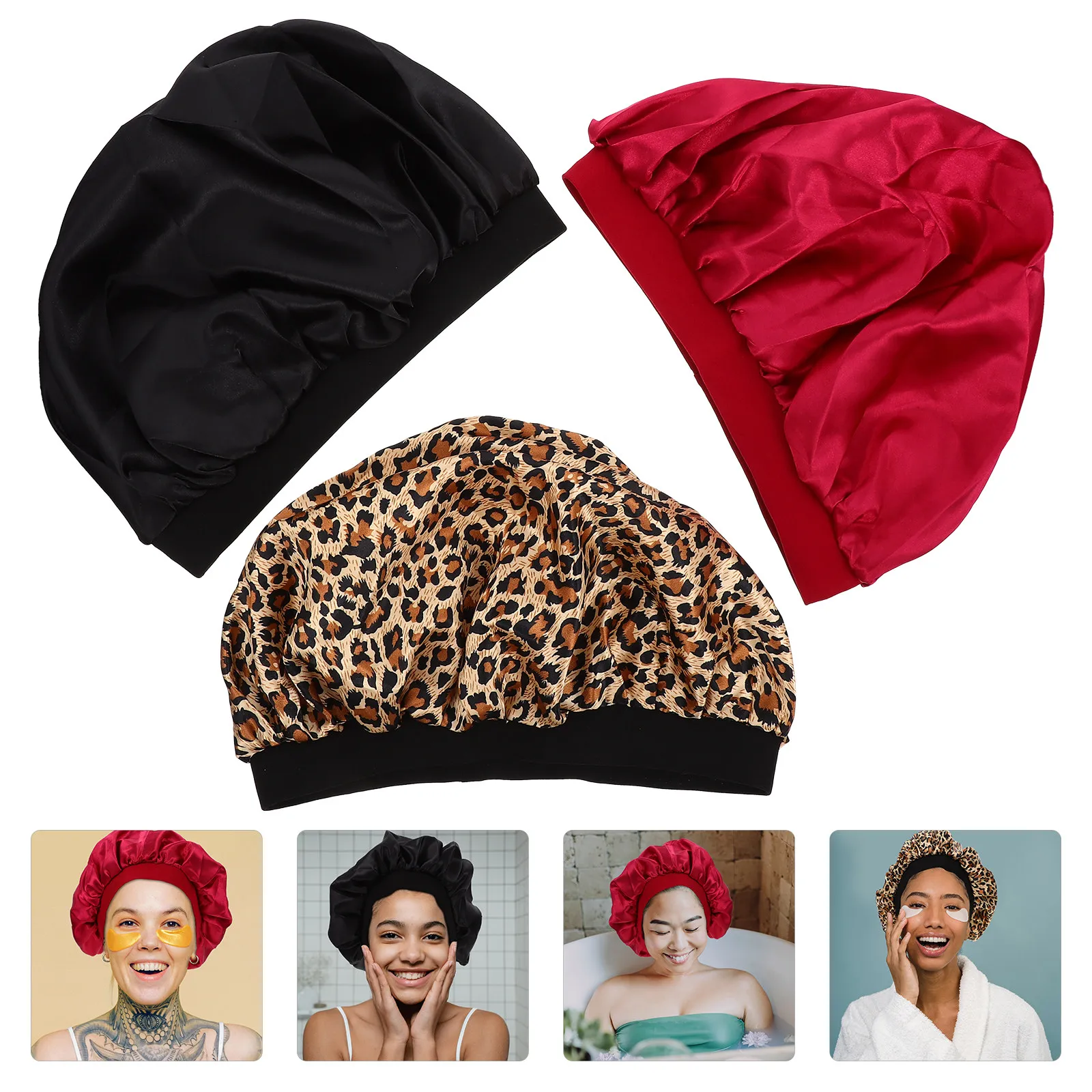 

3Pcs Household Women Satin Hair Bonnet Sleep Hat Wide Rim Elastic Hair Care Bonnet Shower Cap Chemo Hat Satin Women Shower Caps