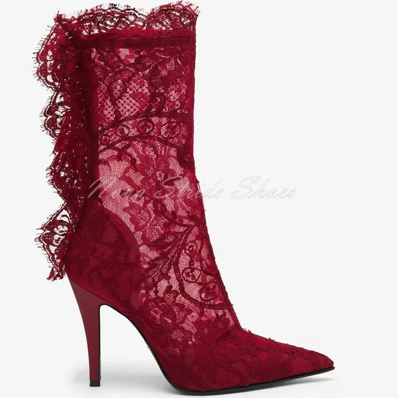 

Сексуальные бордовые кружевные ботильоны на высоком каблуке, с острым носком, на шпильке, с вырезами, модные вечерние туфли для женщин, свадебные туфли