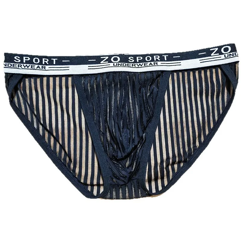 Men's Underwear Mesh Stripe Translucent Panties High Slit Ice Silk Soft Briefs Bikini Slip Homme Ultra-Thin Bikini Thongs