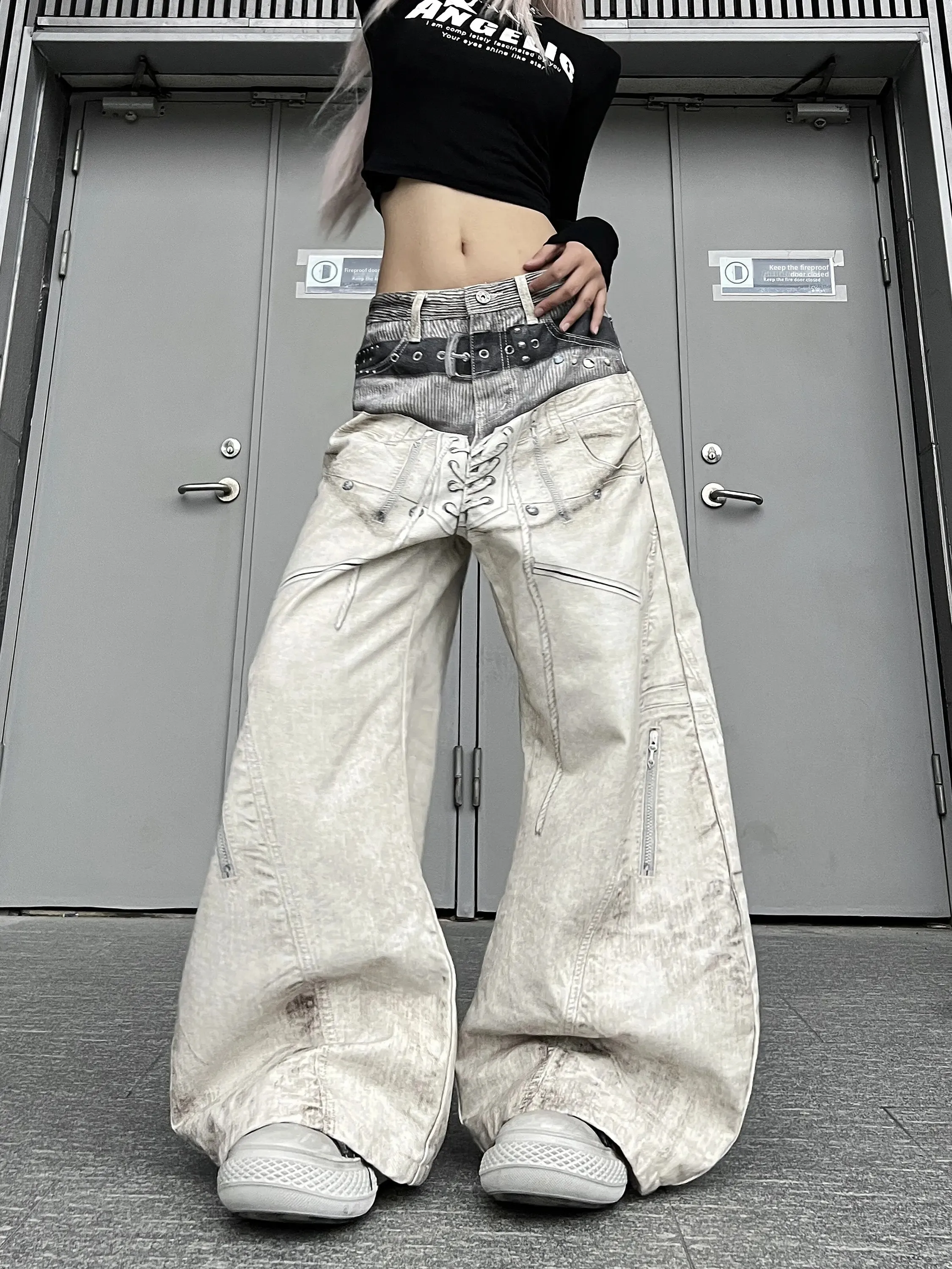 American Street Retro 3D Digital Print Double Head Waist Belt Wide Leg Knife Long Jeans Men's Loose Fit Denim Pants Trendy