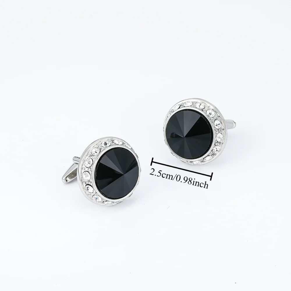 Men Round Black Cufflinks with Surround Silver Tone Metal Cuff Links Business Wedding Formal Shirt Accessories for Gentleman