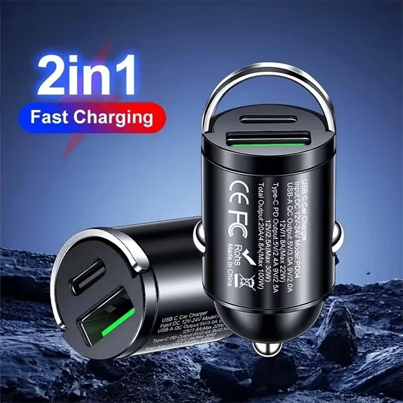 Mini 100W PD QC Pull Ring Fast Charging Car Charger USB C Car Phone Charger Adapter For iPhone For Samsung For Huawei Ect.