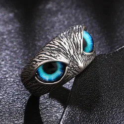 Refreshing 925 Silver Blue Crystal Eyes Owl Ring for Women and Men Hip Hop Punk Style Party Jewelry Adjustable Opening