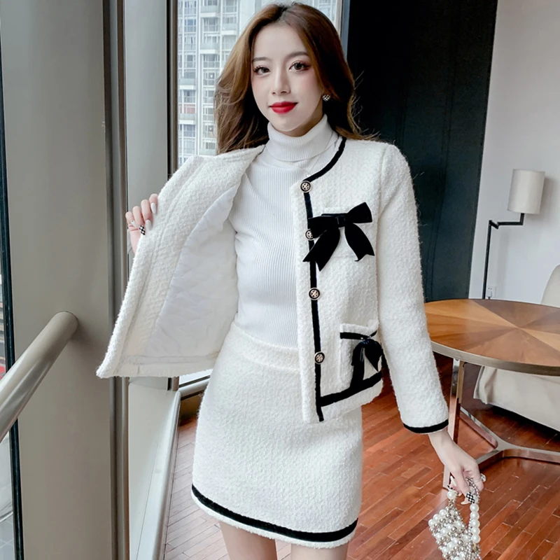 

2023 New Spring Autumn Suit Women's Tops+Skirt Fashion Loose High-End Casual Tweed Jacket Outerwear Female Two-Piece Suit Skirt