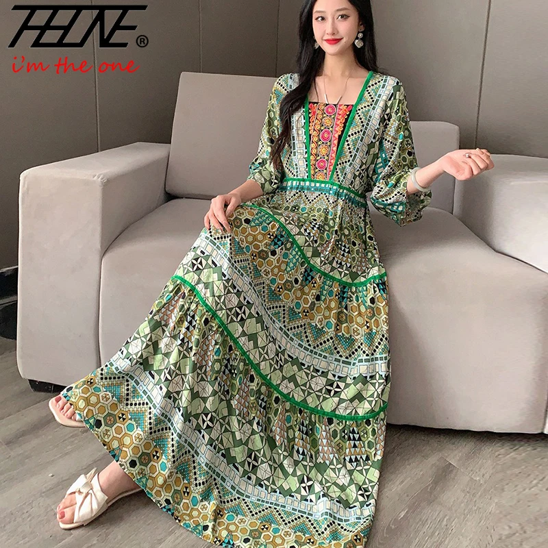 Women Indian Summer Dress Vintage Korean Style Boho Floral Casual Loose Holiday Cotton Long Elegant Dresses Vestidos Para Mujer