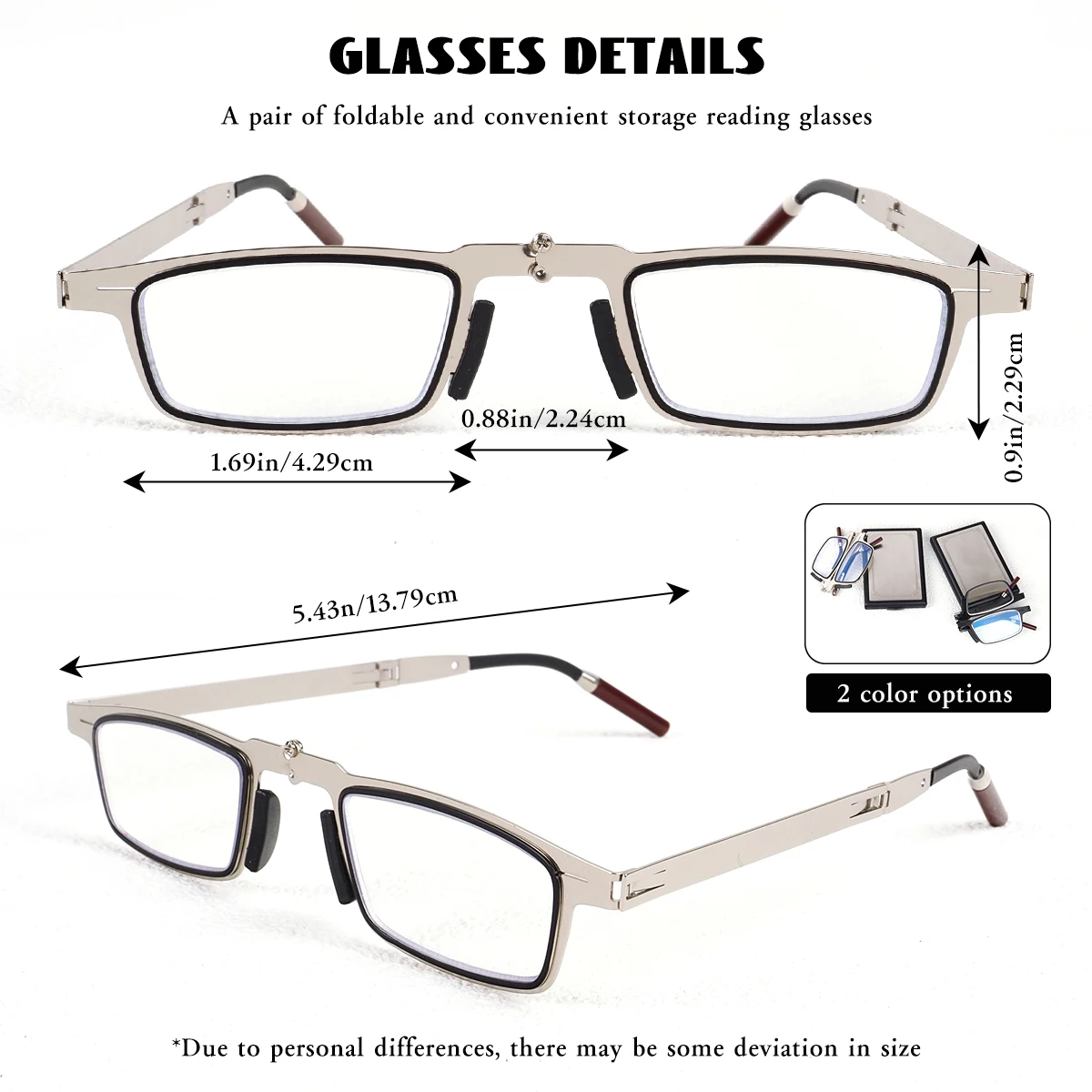 نظارات قراءة محمولة قابلة للطي يمكن ربطها في الجزء الخلفي من الهاتف كحامل هاتف، نظارات قراءة من الفولاذ المقاوم للصدأ بتصميم بسيط، +100 إلى +400، للجنسين
