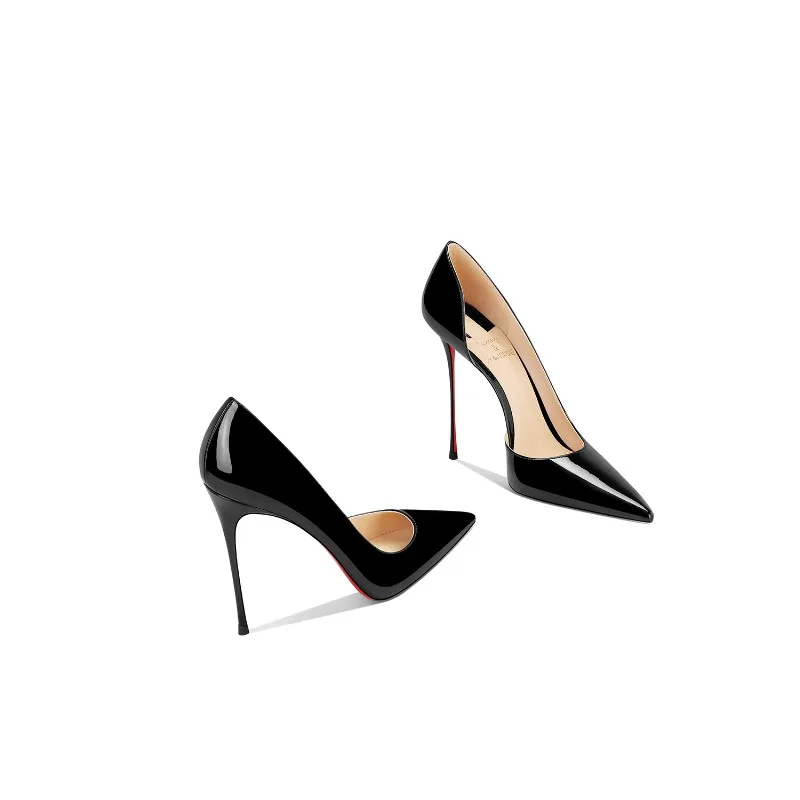 

2025 Autumn New Black Lacquer Leather High Heels with French Design, Designed for Women with Sharp Pointed Fine Heels