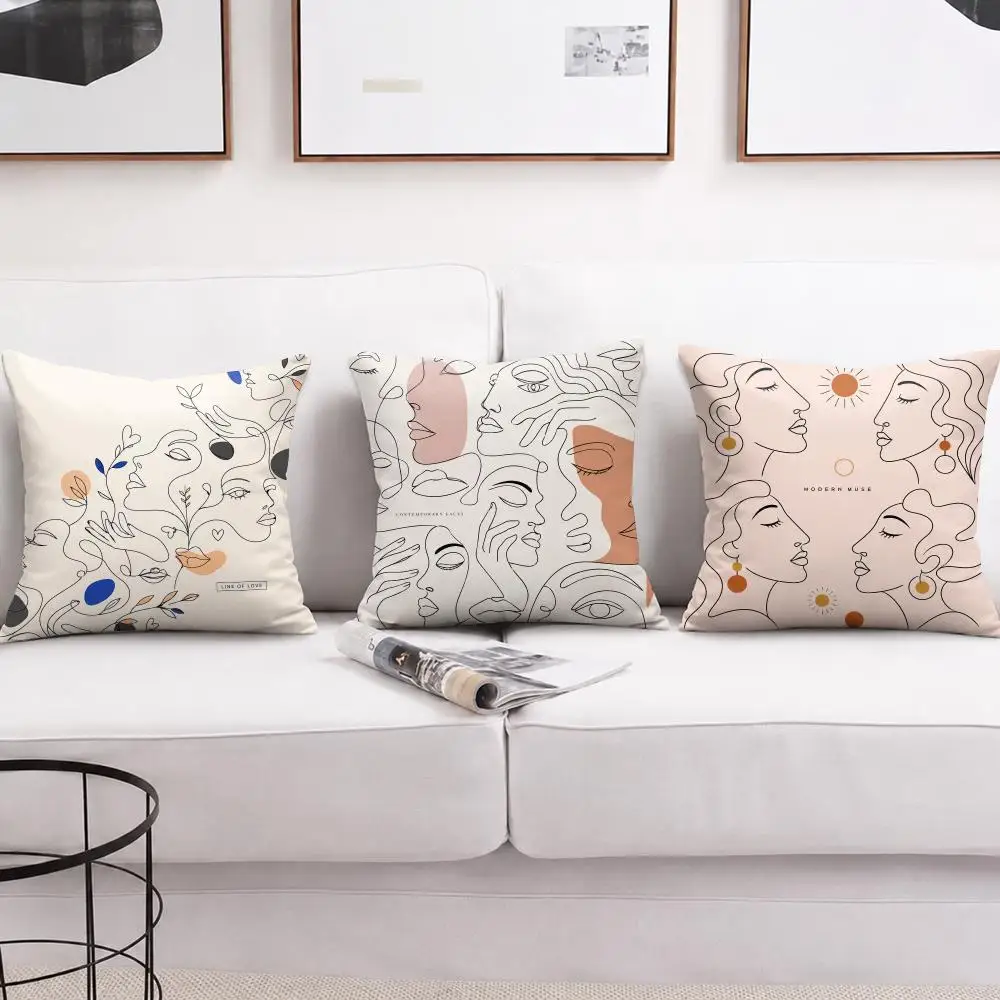 Abstract Face Line Sketch Cushion Cover Short Plush Soft Double-Sided Printing Pillow Case Cozy Sofa Bedroom Home Decor Gift