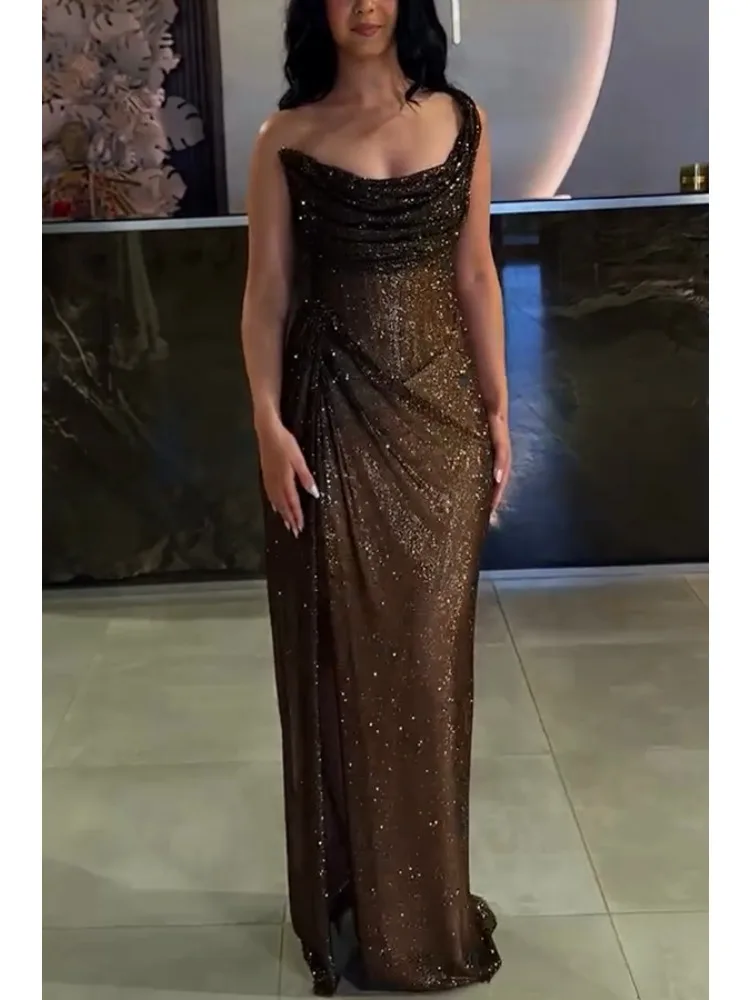 Vestido largo asimétrico ajustado con hombros descubiertos para mujer, vestido de cóctel calado sin mangas Sexy para fiesta y Club a la moda