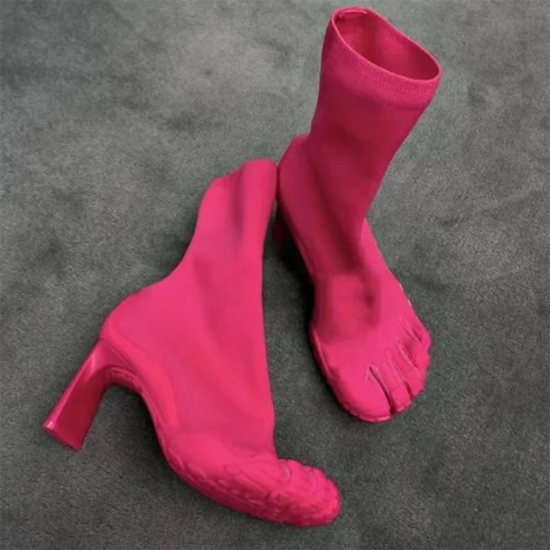Women Five Toe Sock Ankle Boots Stretch Knit High Heel Booties Unique Split Toe Block Heel Short Boots Fashion Party Footwear DE