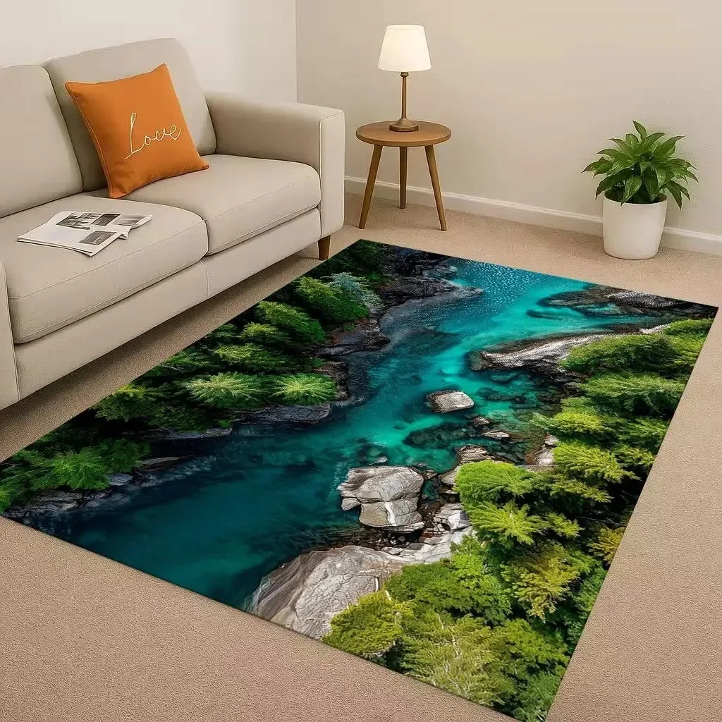 Nature Scenery Rug Waterfall Area Rug, Natural Forest Rugs for Living Room Bedroom, Turquoise Pond Carpet  Landscape Home Decor