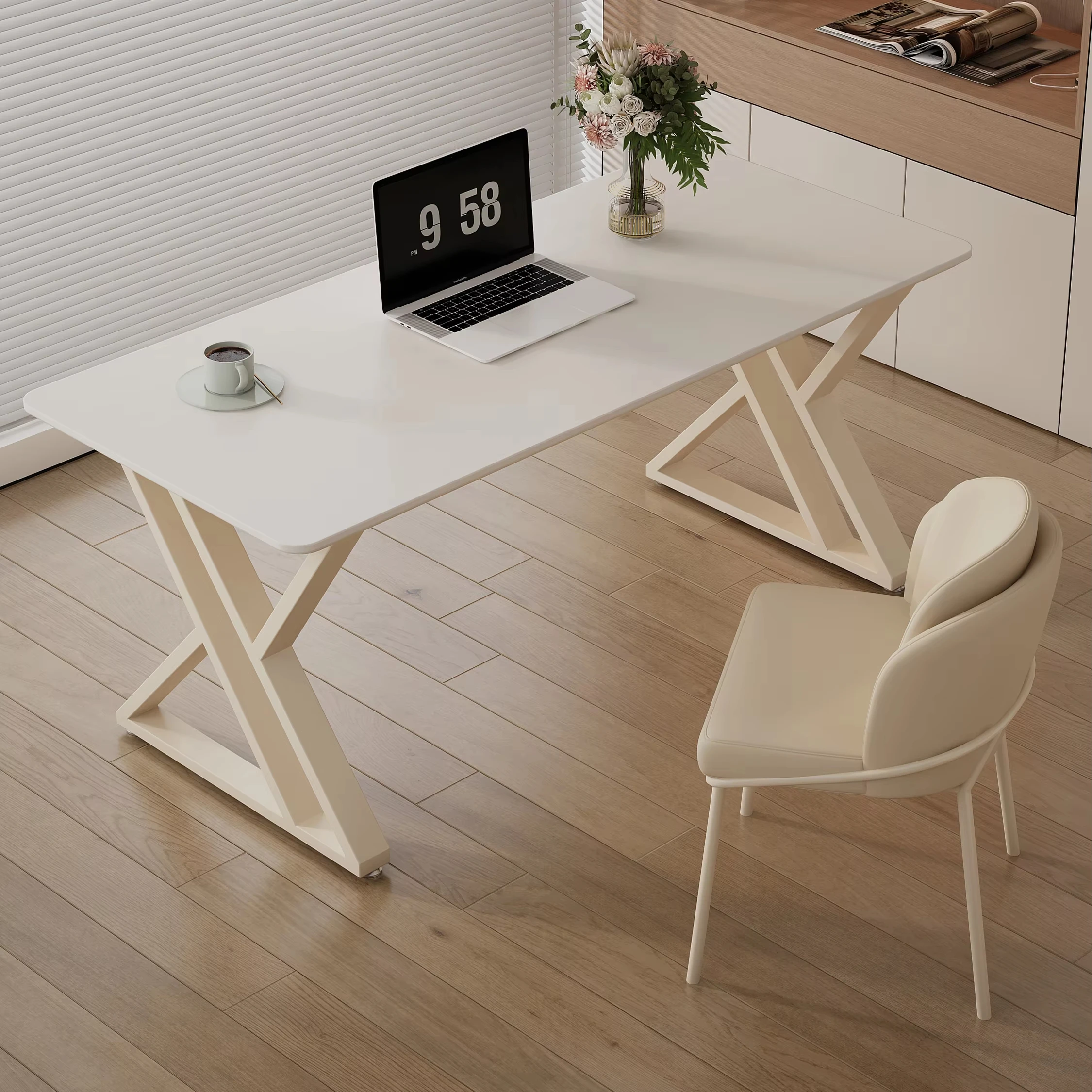 &Modern Simple Cream Marble Rectangular Writing Desk Steel Home Student Study Bedroom Office Desk