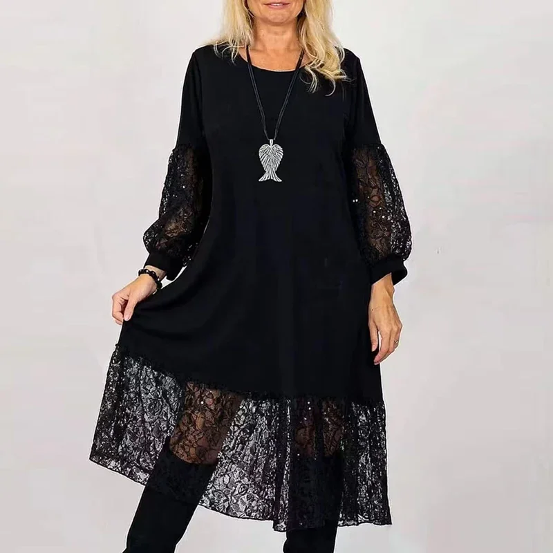 2026 Primavera Girocollo Patchwork Abito lungo in pizzo Donna Casual Allentato Swing A-Line Abito da festa Autunno Manica lunga Hollow Boho Dress