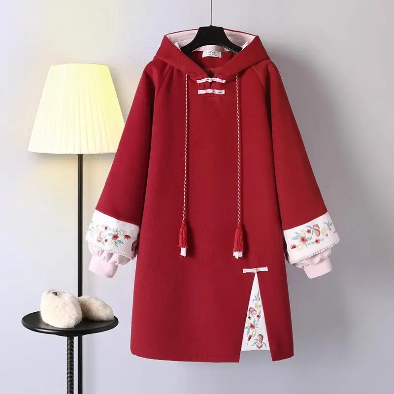 Sweatshirt Women's Autumn And Winter 2023 New Girls' Chinese Style Large Size Loose Thickened Embroidered Hoodies Coat Z3744