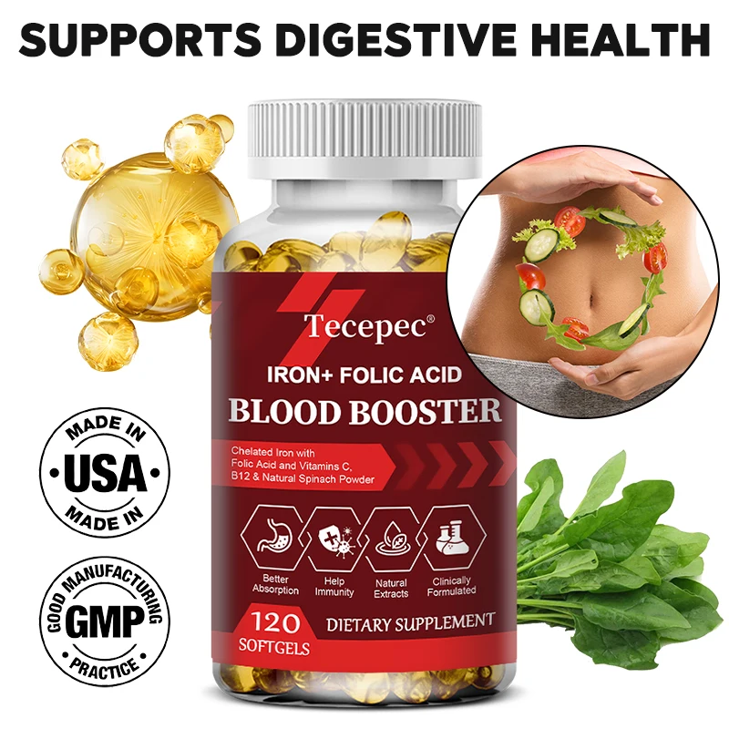 With Iron + Folic Acid, Vitamin C, B12, Blood Booster, Supports Energy, Hemoglobin & Immunity, 120 Capsules