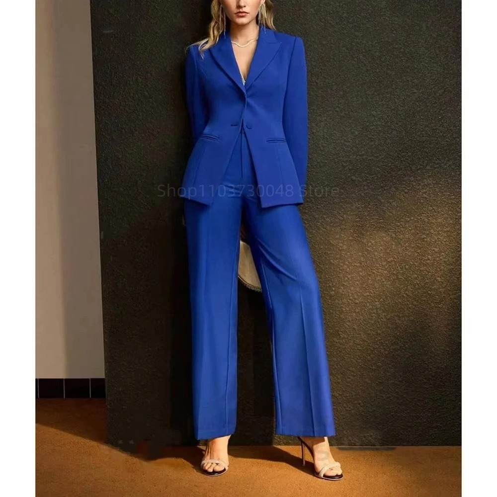 

2 Pieces Royal Blue Plus Size Women Prom Peaked Lapel Lady Office Tuxedos For Wedding Guest Wear Slim Fit Evening Formal Outfits