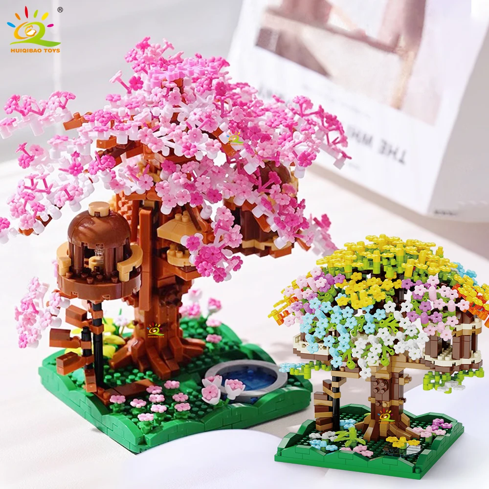 

Конструктор HUIQIBAO MOC: Домик на дереве с цветущей вишней, летний цветочный домик, модель из алмазных блоков, игрушка для детей, декор для стола.