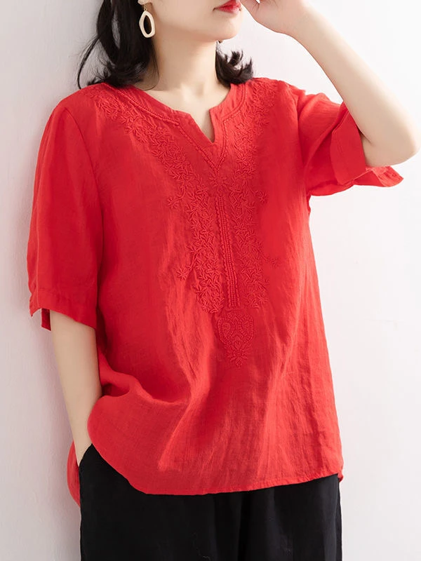 Loose Cotton Linen ort Sve V-Ne T-irt Women's Top Summer New Sle Slimming Ethnic Wind Linen Base irt