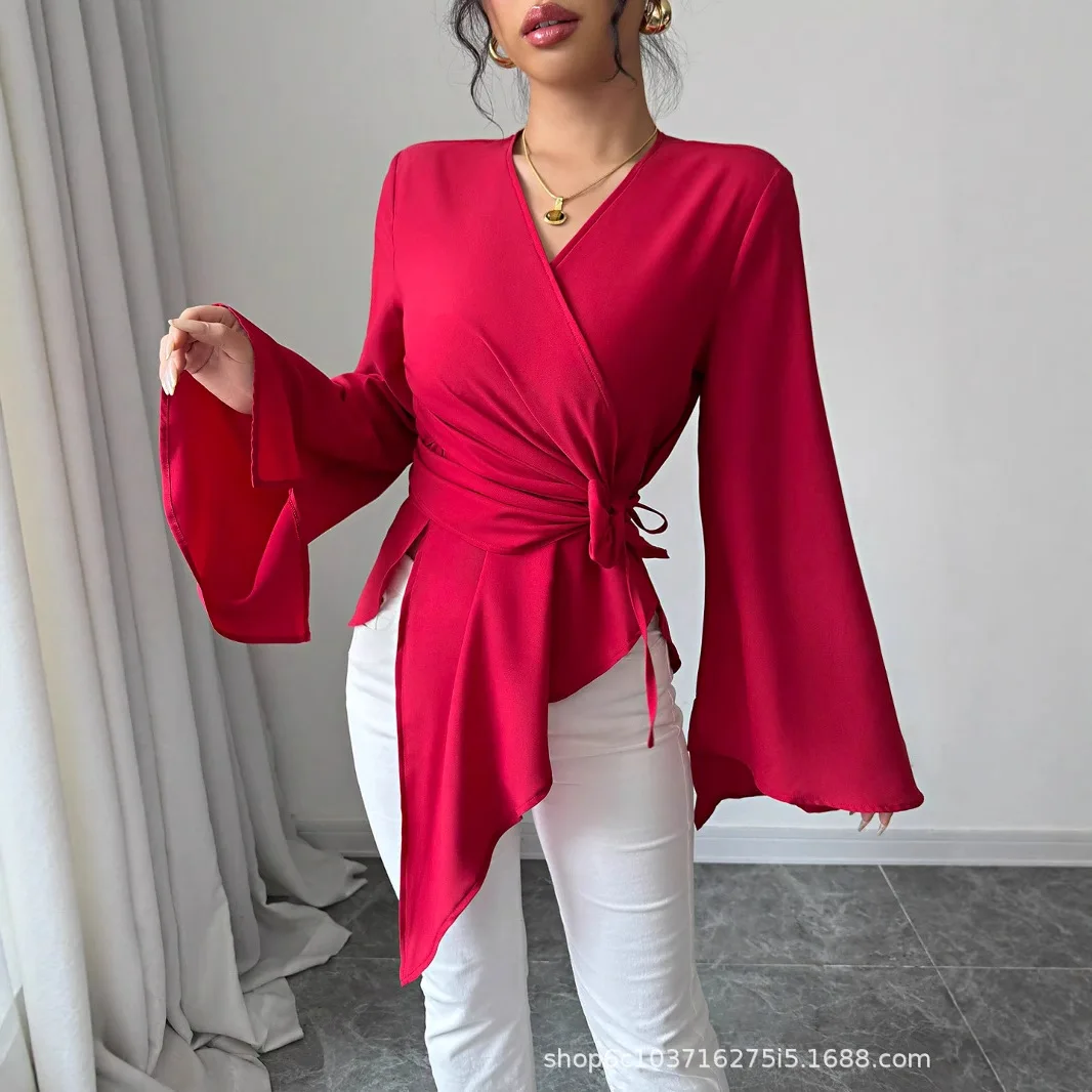 Roupas Femininas 2026: Novo Estilo Primavera e Outono, Blusa Elegante de Cetim com Design Sofisticado e Decote V com Laço, Vestido Maxi de Renda Luxuo