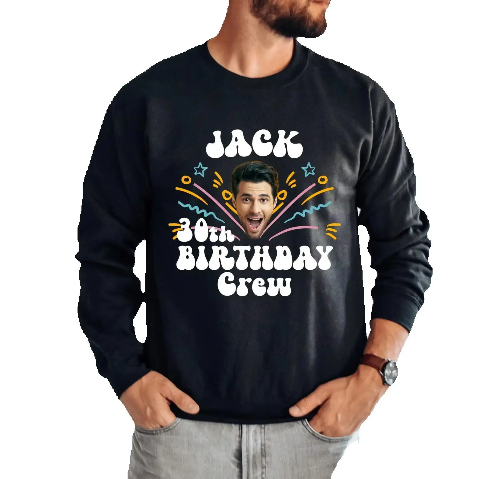 Men's Custom Photo Face Name Age Birthday Sweatshirt Long Sleeve Matching Birthday Squad Sweater Personalized Birthday Gifts