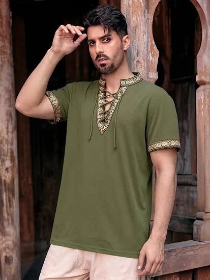 (Without accessories)Mens Medieval Pirate Shirt Cotton Lace Up Renaissance Shirts Viking Retro Scottish Halloween Costume Tops
