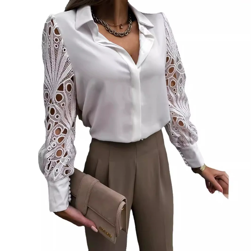 2024 Europe and the United States explosive slim-fit sexy hollow solid color lace patchwork shirt shirt woman