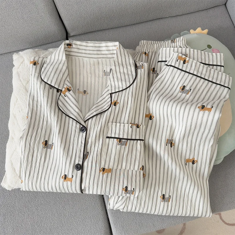 Cute Heart-shaped Cloud Cotton Long-sleeved Pants Spring And Autumn Plus Size Striped Sleepwear Loose Homewear Pajamas Set