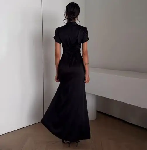 

Summer 2025 Solid Color High Neck Hollowed Out Hip Hugging Slim Fit Dress for Women, Elegant Slim Fit New Chinese Style Dress