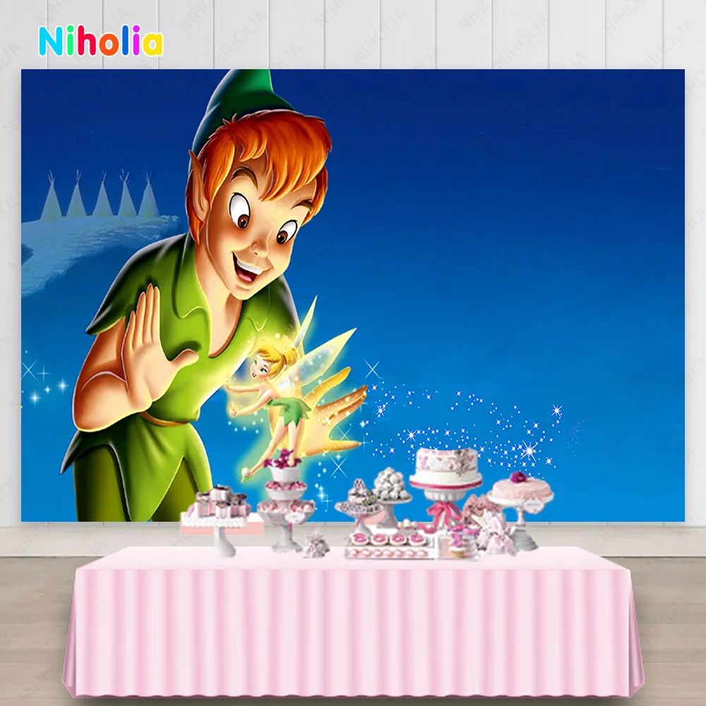 Disney Peter Pan Photo Backdrop Pastel Kids Birthday Party Blue Decor Photography Background Vinyl Polyester Banner Props