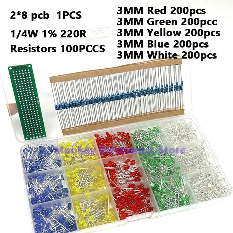 3MM LED light diode F3 component red green yellow white blue 200PCS each 0.25W 220R resistor 100PCS PCB board 2x8 1PCS in box