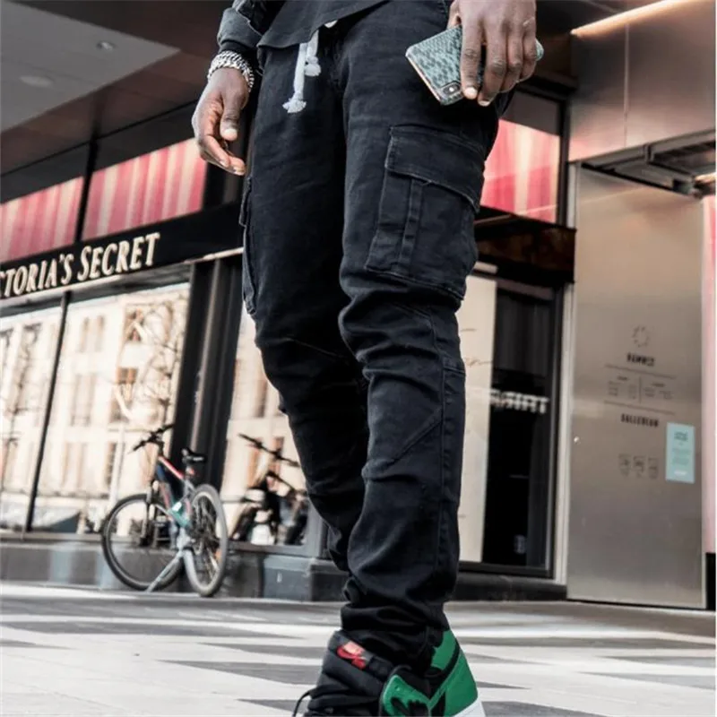 

Men Black Jeans Pants Wash Solid Color Multi Pockets Denim Mid Waist Cargo Jeans Plus Size Fashion Casual Trousers Male Techwear