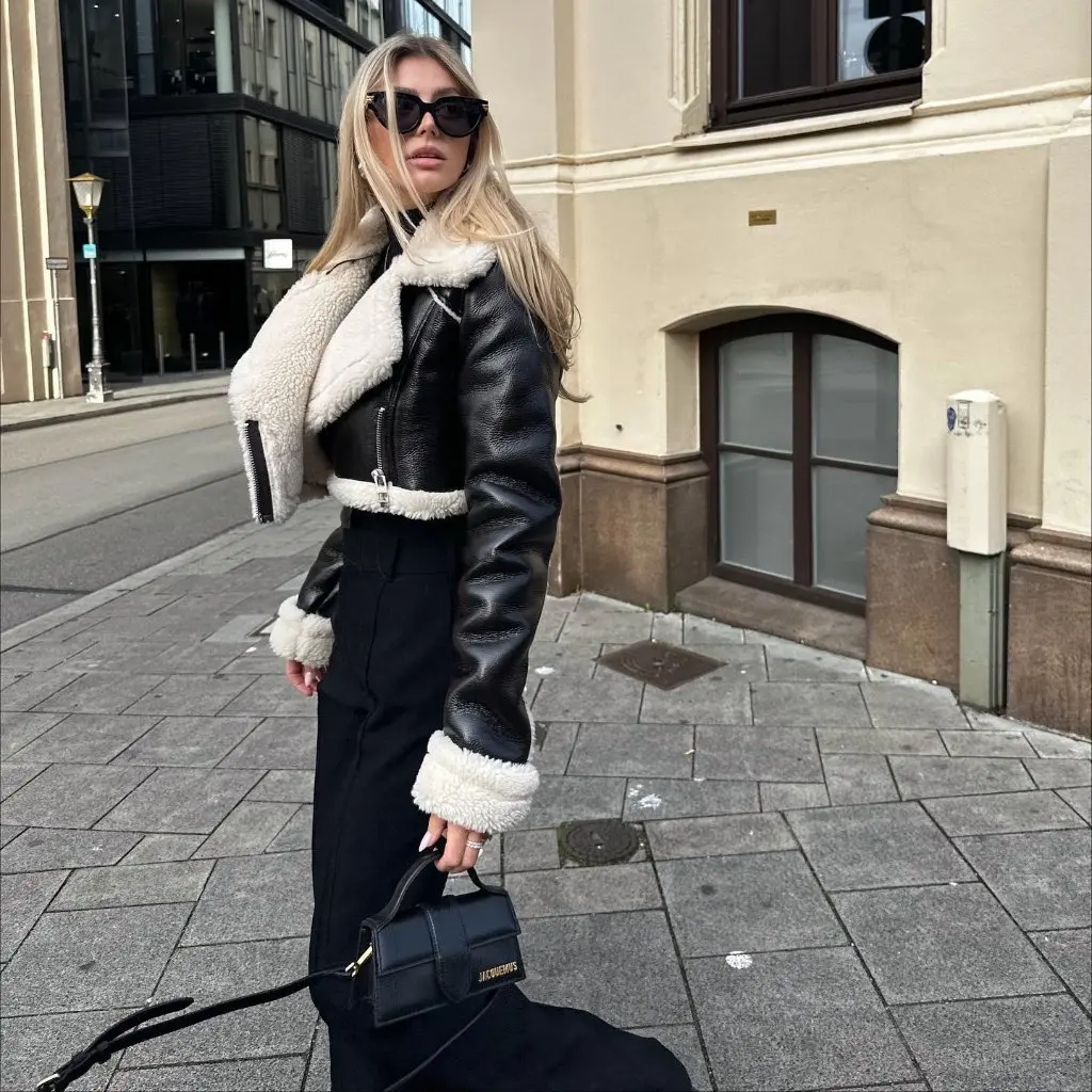 秋冬 ブラックレザー ホワイトヘア ショート モーターサイクルジャケット ガールズ ストリートスタイル ホットトレンド アウターウェア