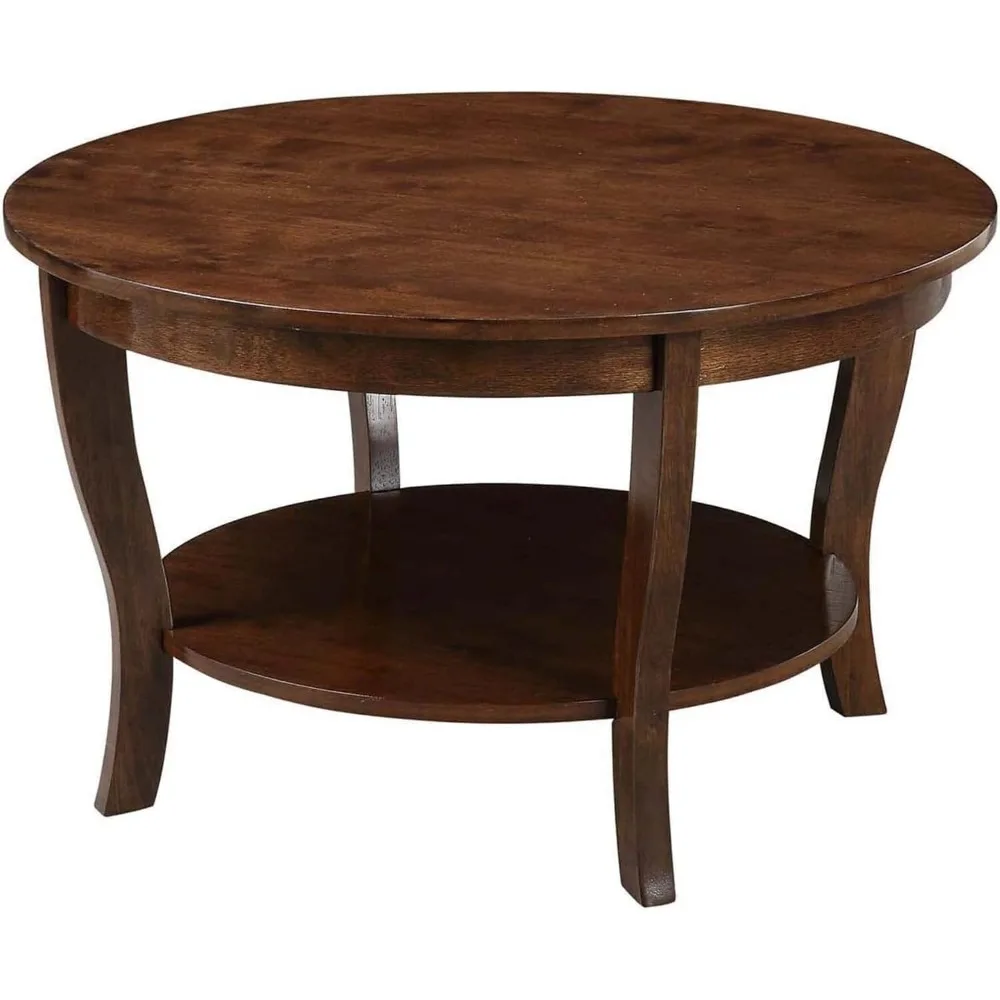 

Round Coffee Table with Shelf, Wood Finish, Classic Transitional Style Table, Two Tier Spacious Shelving