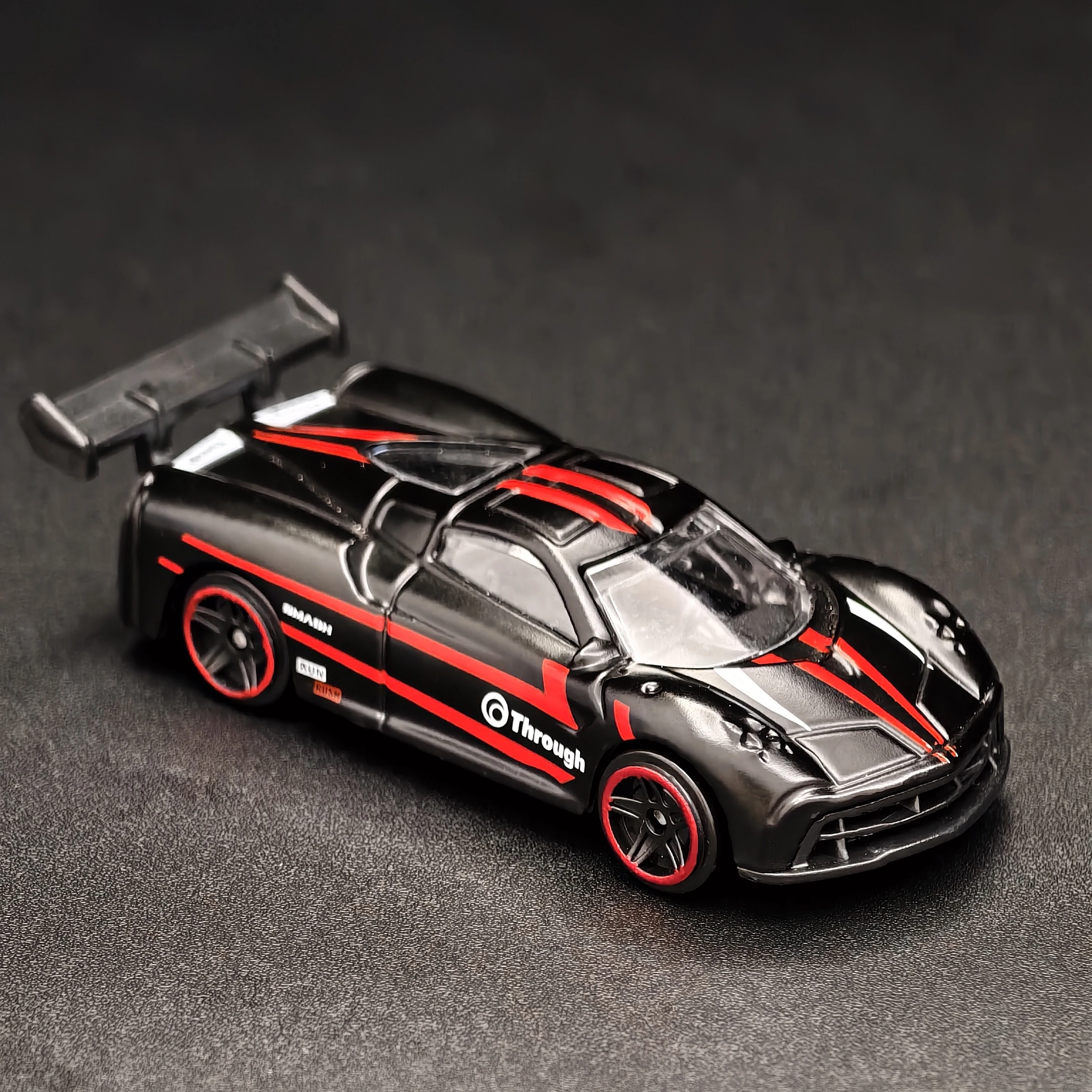 1/64 Diecast Alloy Sports Car Model Black Coupe with Red Racing Stripes and Rear Wing Mini Metal Toy for Car Fans and Collectors