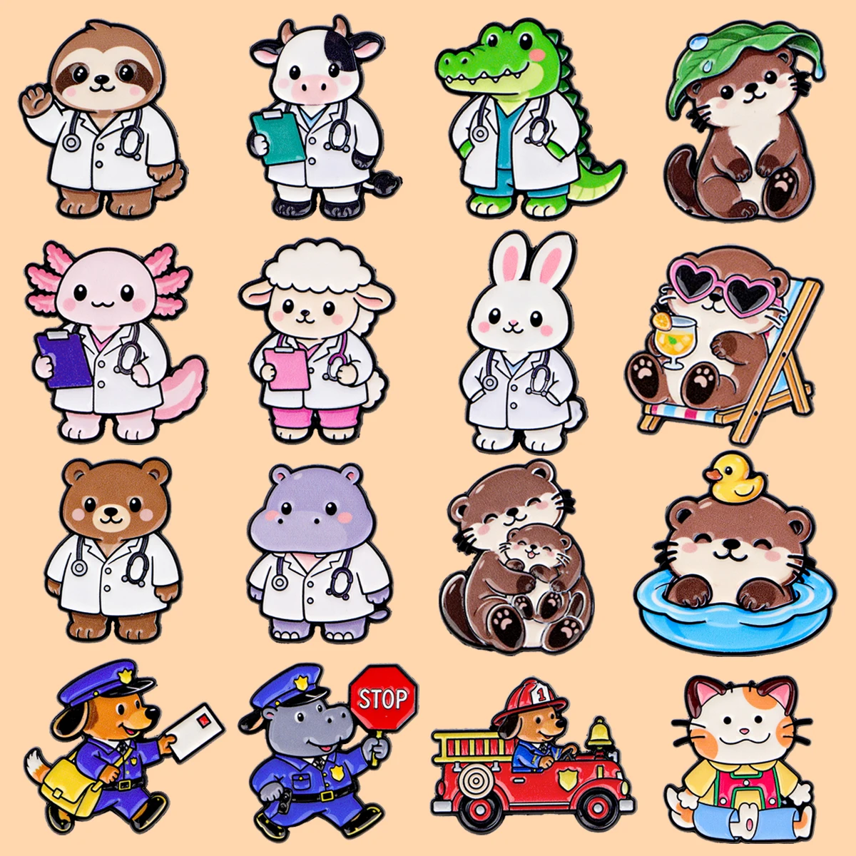 Mixed Cartoon Animal Worker Enamel Pins Doctor Axolotl Rabbit Otter Lapel Brooches Badges for Backpacks Clothing Decoration Gift