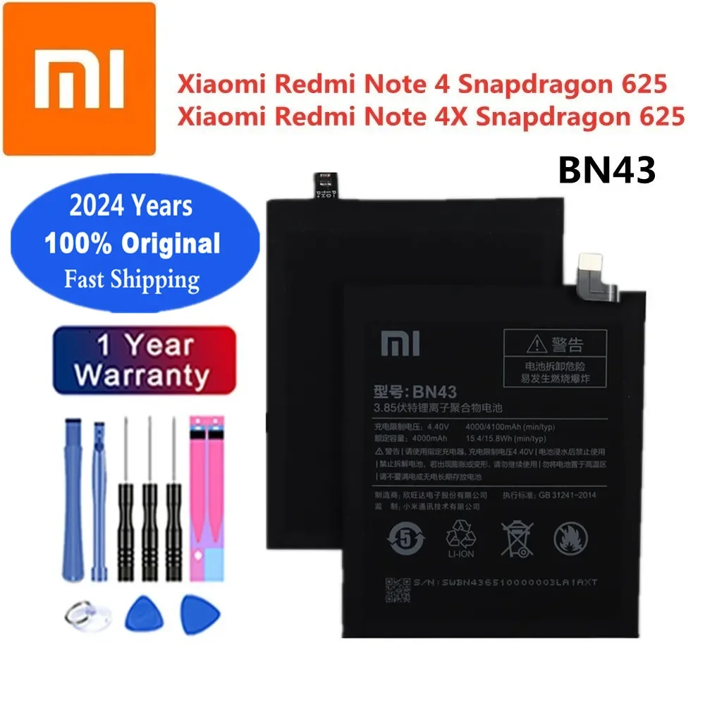 

2024 Years Xiao mi Original Battery BN43 For Xiaomi Redmi Note 4X / Note 4 Global Snapdragon 625 4000mAh Phone Battery Fast Ship