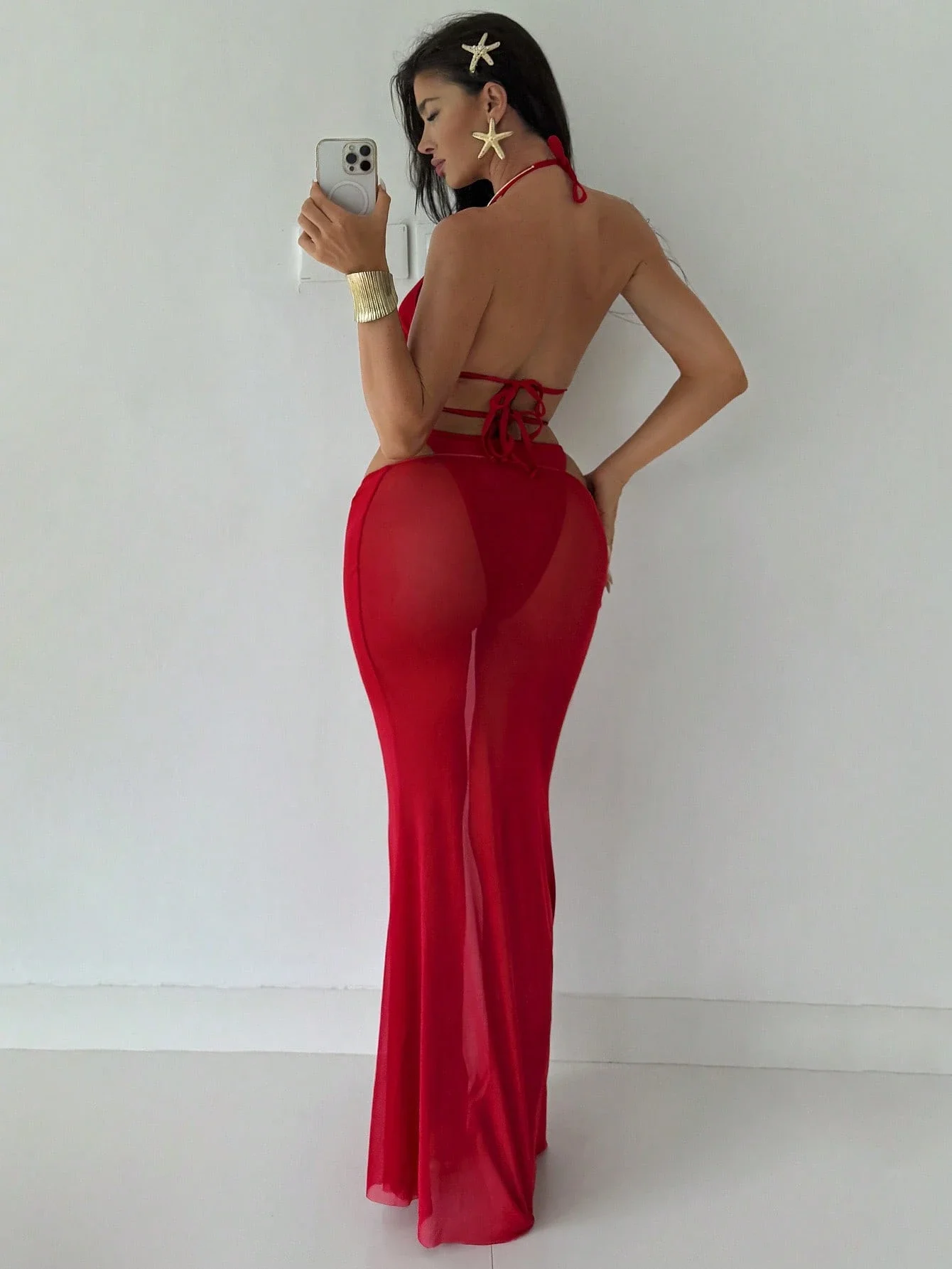 

Red Gold Ring Sexy Bikini Set With Sheer Cover Up Skirt For Beach Vacation