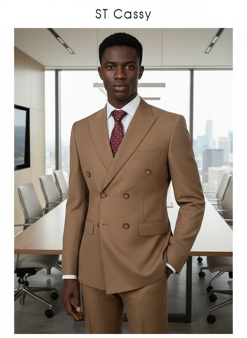 

ST cassy Elegant brown Double Breasted Suit Set 2 Piece Business Wedding Outfit Classic Stylish Blazer Pants Modern Trendy