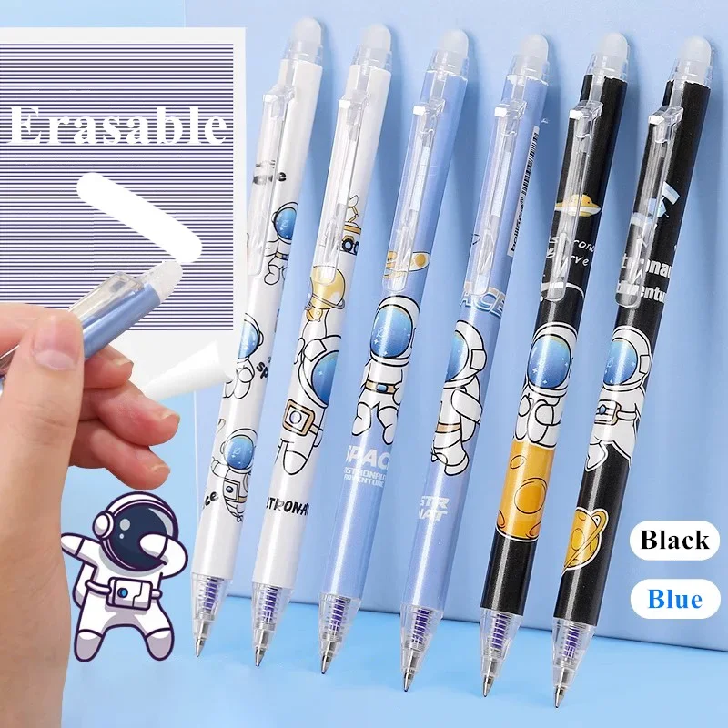 Kawaii Astronaut Press löschbare Gelschreiber-Nachfüllungen-Set mit Radiergummi, 0,5 mm, schwarze blaue Tinte, für Jungen, Studenten, Schreibzubehör, Schreibwaren