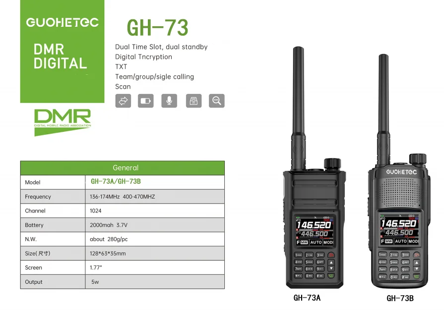 GUOHETEC GH-73 Walkie Talkie DMR Dual Time Slot Dual Standby Digital Encryption VHF UHF Wireless Communication