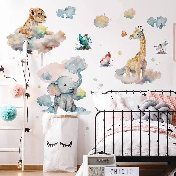 Wasserfarben-Wandaufkleber Elefant Giraffe Tiger für Kinderzimmerdekoration Wandbild Kinderzimmerdekor Cartoon-Tiere Selbstklebende Aufkleber – Detail 3