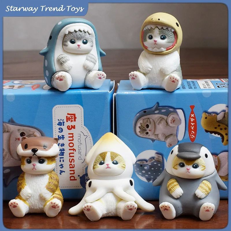 Figura de Gato Japonés Adorable, Caja Sorpresa de Juguete, Gato Tiburón con Disfraz, Pingüino Oceánico, Gatito Coleccionable, Decoración de Escritorio, Regalo, Modelo de Resina de Anime