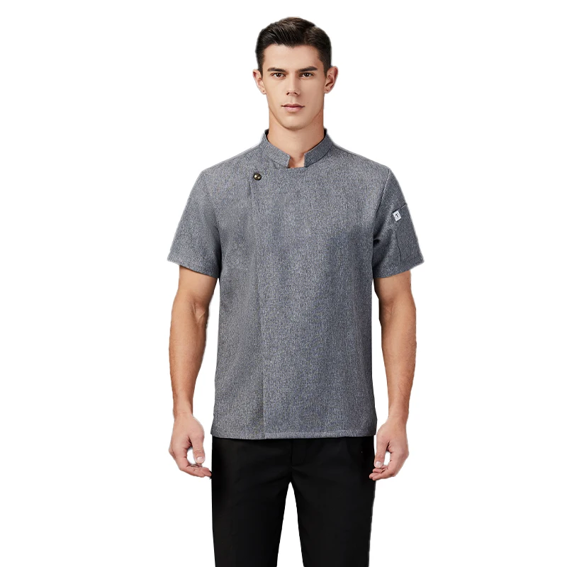 グレーのコットンとリネンのシェフ服キッチンジャケットケータリングユニフォームホテル寿司コックシャツレストラン作業服ベーカリースタッフトップス