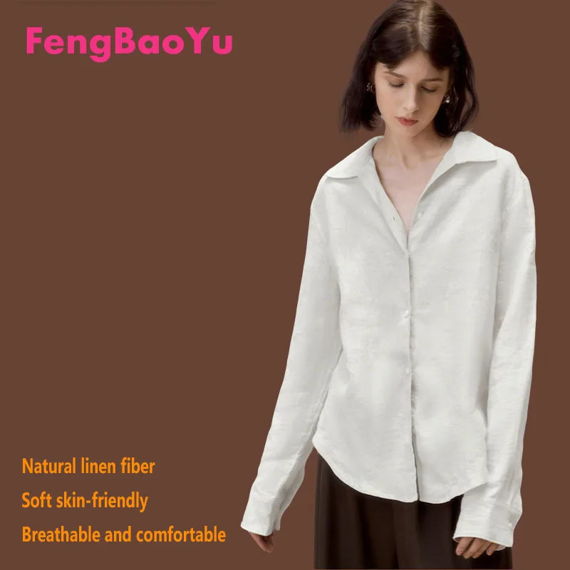 

Fengbaoyu 100% Linen Women's Shirt - High-end Clothing - Spring/Summer Long-Sleeved Loose Top - Outdoor Leisure Wear