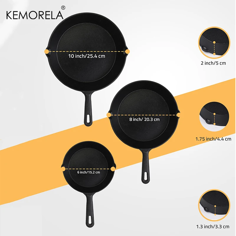 3PCS 16/20/26CM Frying Pan Cast Iron Uncoated Black Suitable For Fried Food Cooking And Stir-Frying Kitchen Cooking Utensils