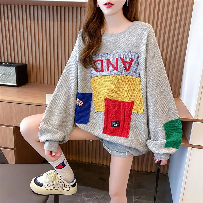 Women\'s Round Neck Hoodie Spring and Autumn Minimalist Thin Subtle Loose Patchwork Letter Print Long Sleeve Pullover Casual Tops